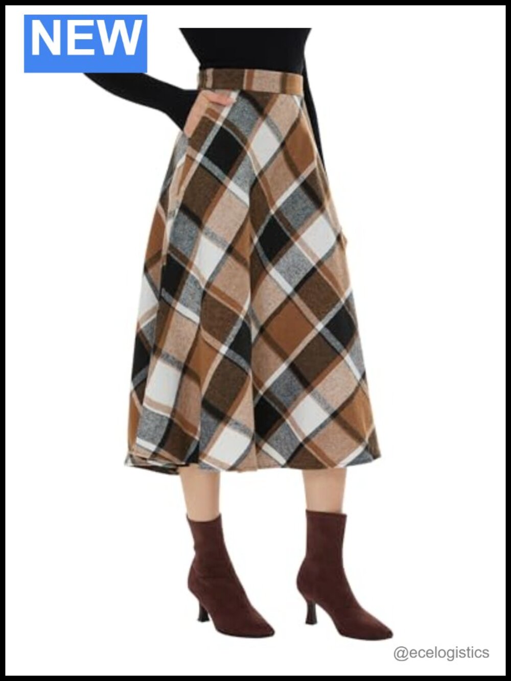 Women's Long Plaid A-Line Maxi Skirt Wool Blend High Waist Zip